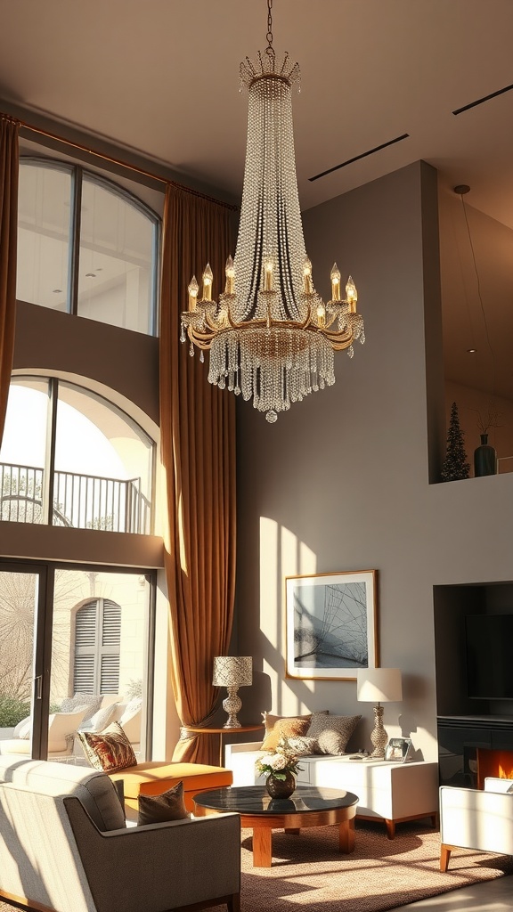 A beautiful chandelier hanging from the ceiling in a well-decorated living room
