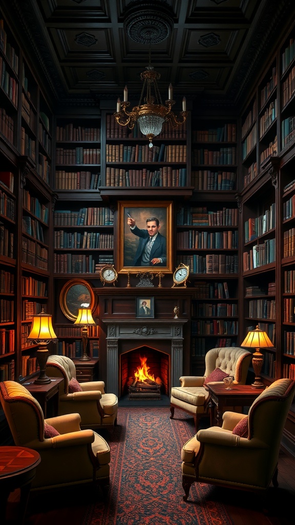 A cozy Victorian-style library with dark wood bookshelves, plush armchairs, a fireplace, and warm lighting.