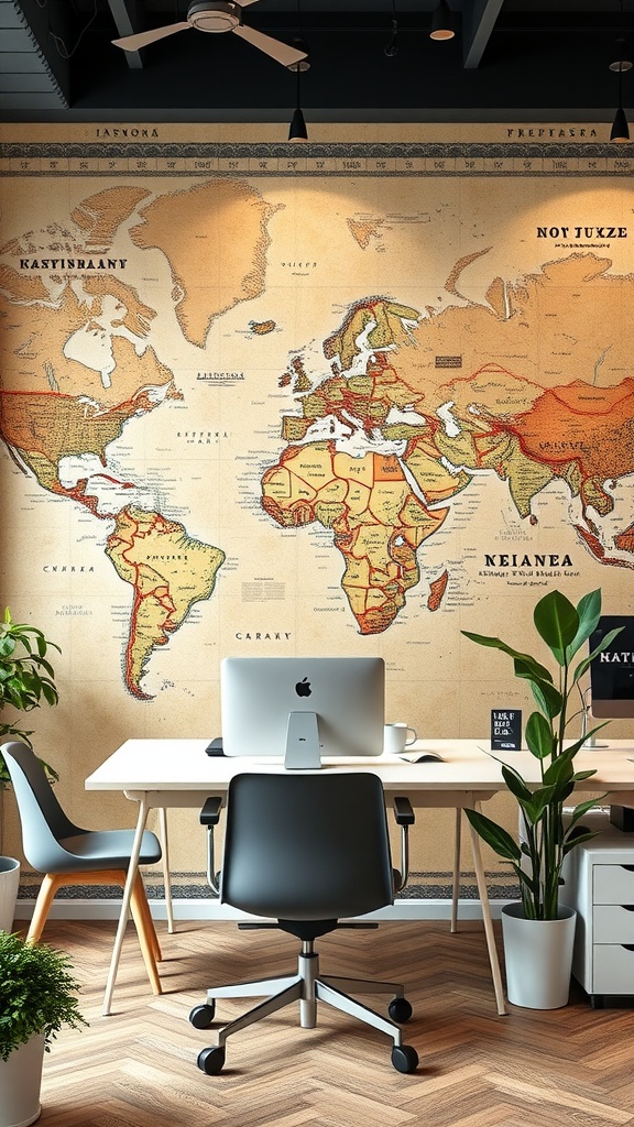 An office with vintage map wallpaper, modern furniture, and plants, creating a stylish workspace