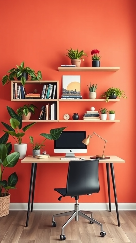 A bright coral wall with built-in shelves holds plants and books, complemented by a modern desk setup.