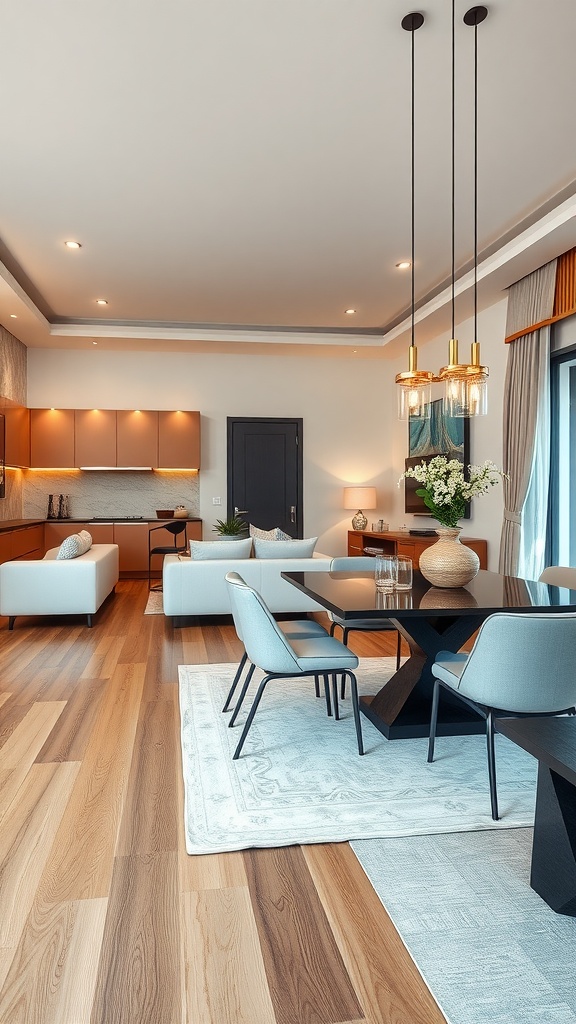 A modern living room-dining room combo featuring sleek furniture, a geometric dining table, and stylish lighting.