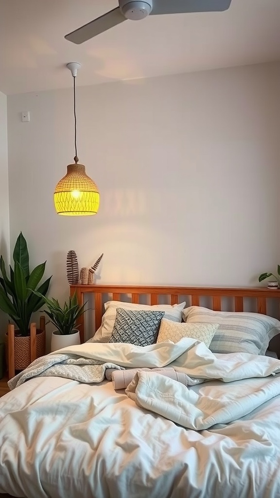 Cozy bohemian bedroom with pendant lighting and indoor plants