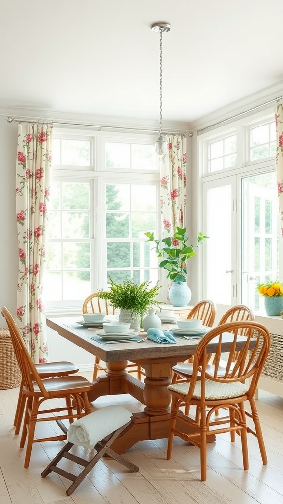 A bright and airy cottage core dining room with floral curtains, a wooden table, and greenery.