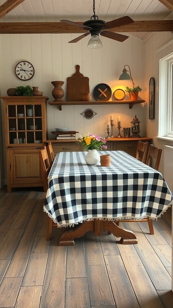 A cozy farmhouse dining room featuring a buffalo check patterned tablecloth, wooden furniture, and floral decor.