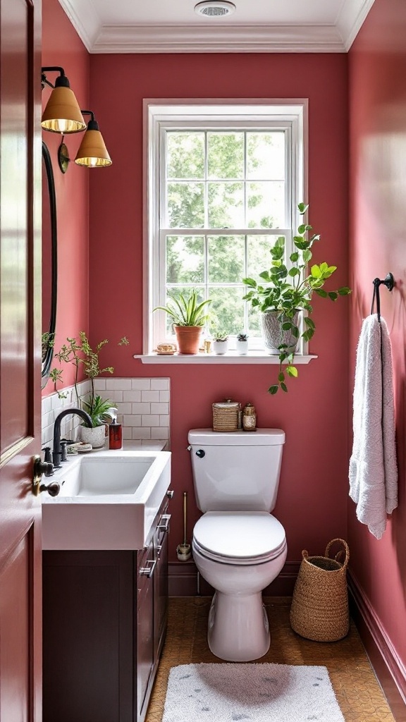 A small bathroom painted in dark pink with white fixtures and a round mirror.