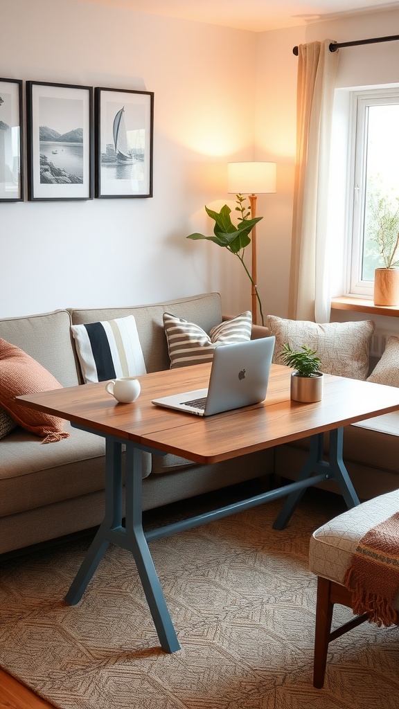 A cozy living room with a dual-purpose sofa table, laptop, and coffee cup.