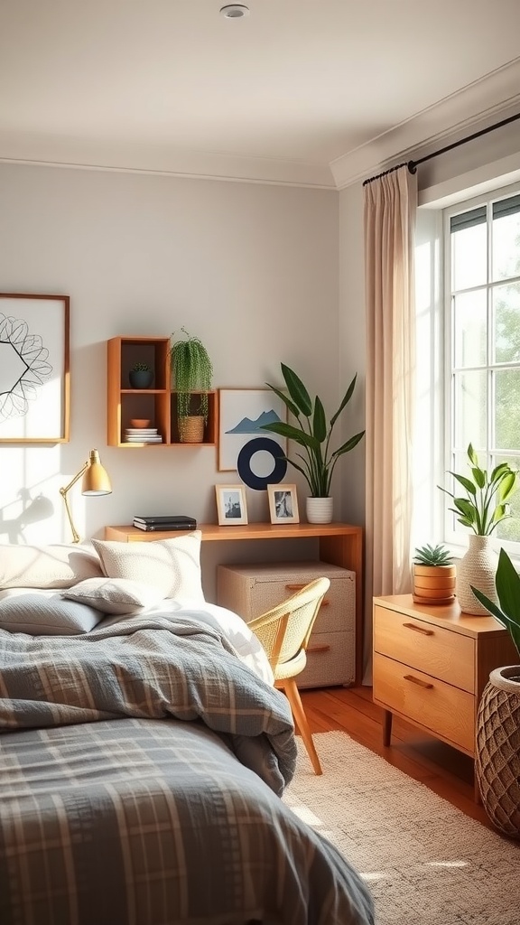 Cozy guest bedroom and home office combo with wooden furniture, plants, and natural light.