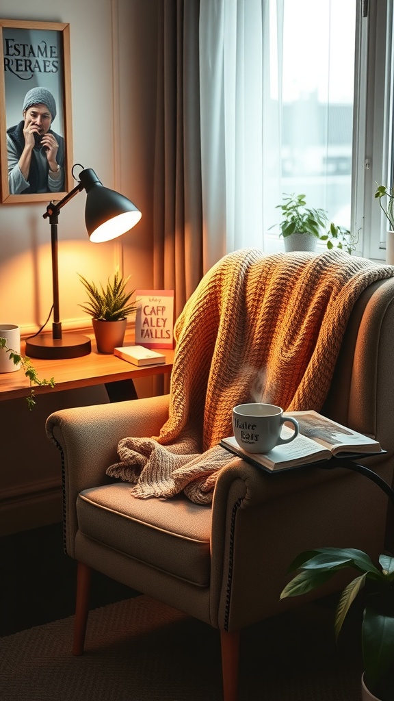 Cozy desk setup featuring an armchair with a blanket, a steaming mug, an open book, a lamp, and plants.