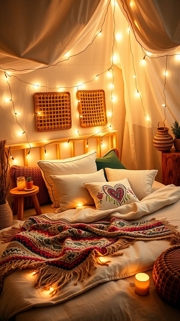 Cozy bohemian bedroom with fairy lights, colorful pillows, and a woven blanket.