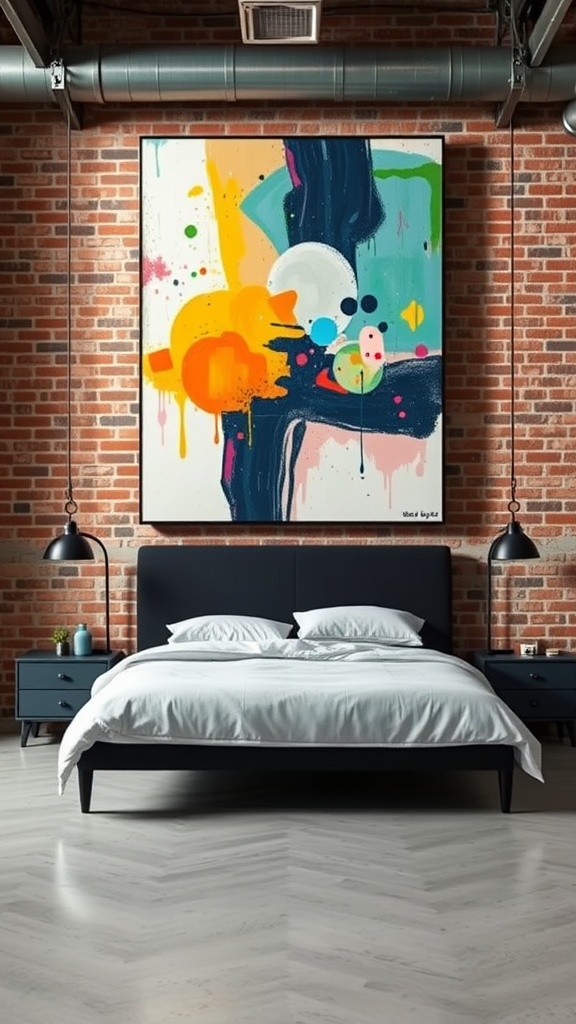 A modern industrial bedroom featuring a large abstract art piece on a brick wall, with a sleek bed and nightstands.