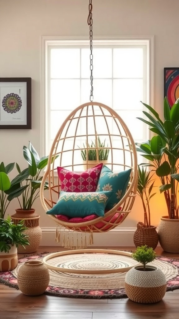 A cozy room featuring a hanging egg chair with colorful cushions surrounded by plants.