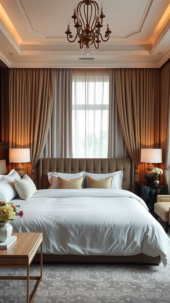 A luxurious guest room featuring a plush bed, elegant lighting, and rich drapery, showcasing transitional decor elements.