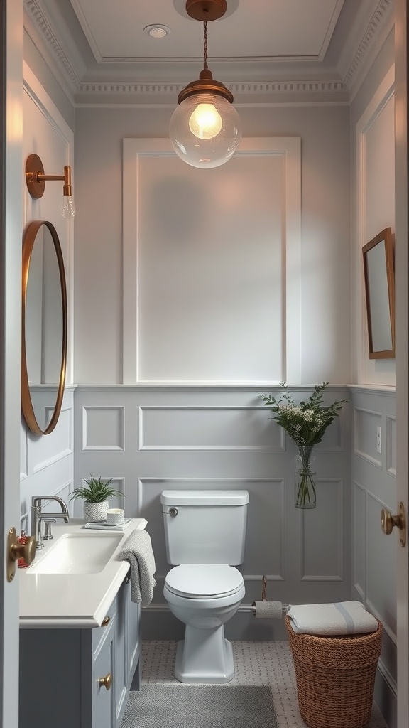 A stylish bathroom featuring light gray walls, a white sink, and brass fixtures.