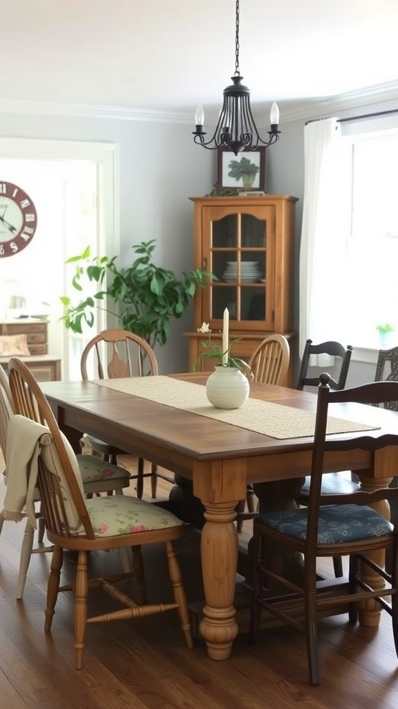 A dining room with a wooden table and mismatched vintage chairs, featuring floral and solid cushions.