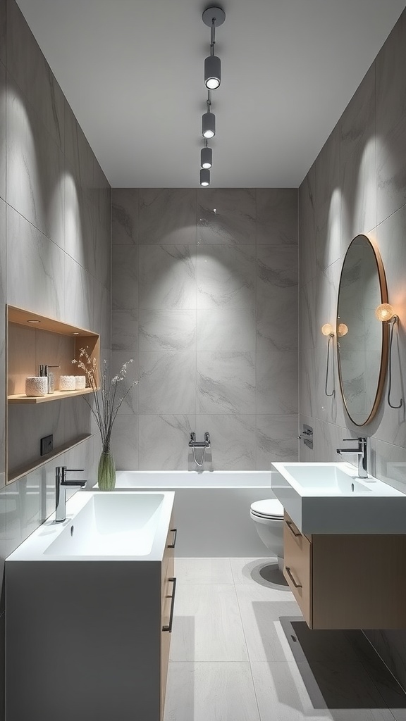 A modern bathroom featuring track lighting above a double sink and a bathtub, with a minimalist design and light-colored tiles.