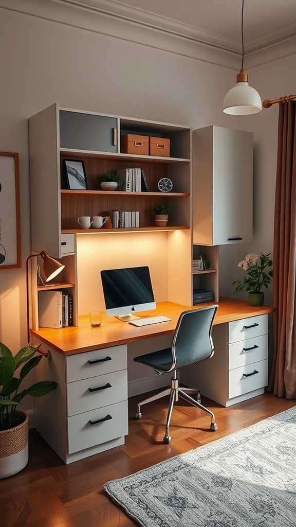 A stylish Murphy desk setup with a foldable desk, organized storage, and a cozy atmosphere.