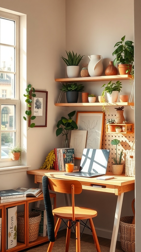 Cozy workspace with natural light, plants, and wooden furniture.