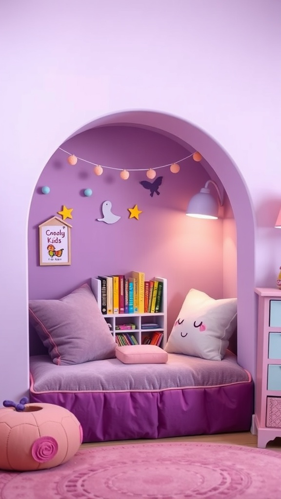 Cozy purple reading nook for kids with cushions and books