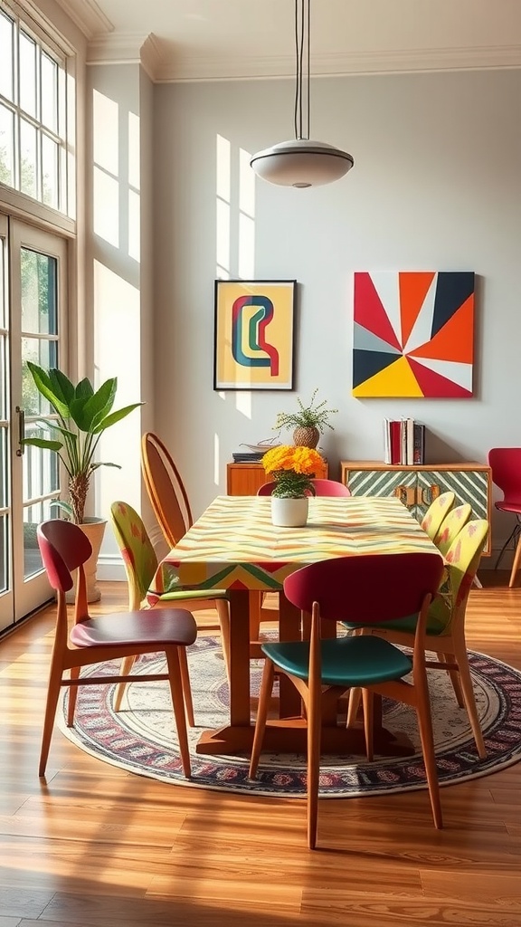 Chic dining room with colorful mid-century decor, featuring a zigzag patterned table, eclectic chairs, and bold wall art.