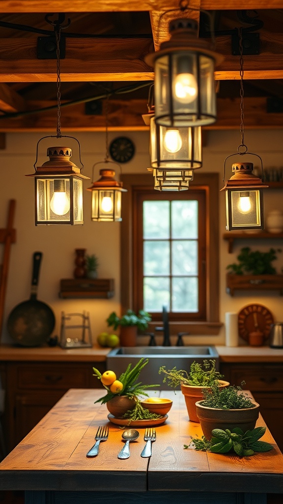 A cozy kitchen with rustic lanterns hanging from the ceiling, illuminating a wooden table with fresh herbs and fruits.