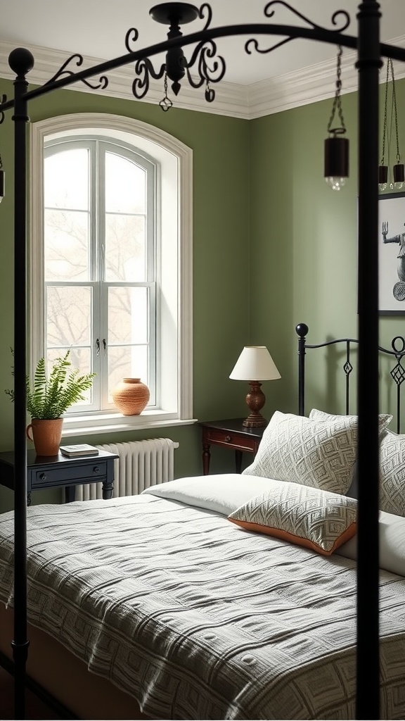 A cozy sage green bedroom featuring an iron bed frame, natural light, and decorative accents.