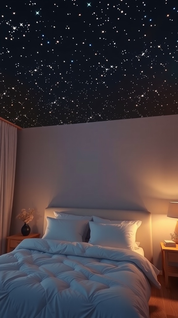 Bedroom with a ceiling designed to look like a starry night with LED lights.