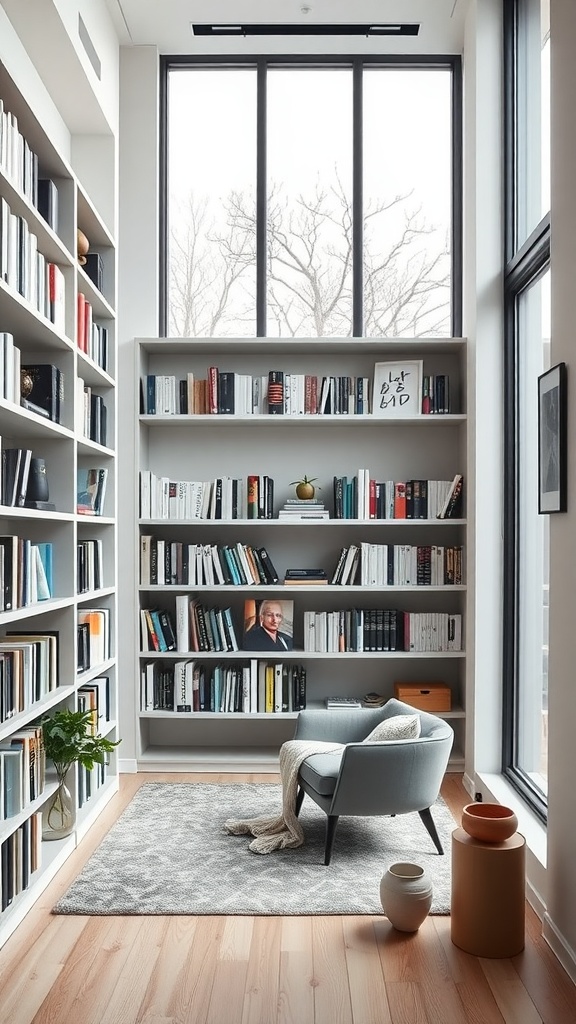 A modern home library featuring sleek shelves, a cozy chair, and large windows for natural light.