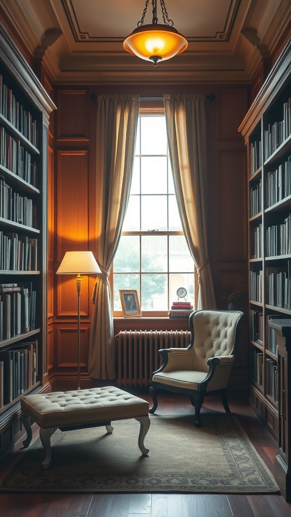 A cozy library room featuring wooden bookshelves, a comfortable armchair, and a large window with soft curtains.