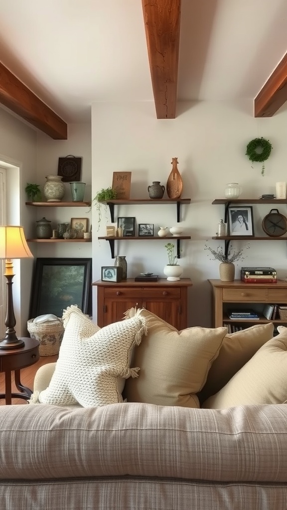 A cozy farmhouse living room with vintage decor and warm wood beams.