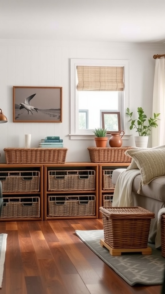 Modern farmhouse living room with wicker baskets for storage