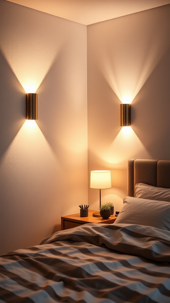Artistic LED wall sconces illuminating a modern bedroom with a cozy atmosphere.