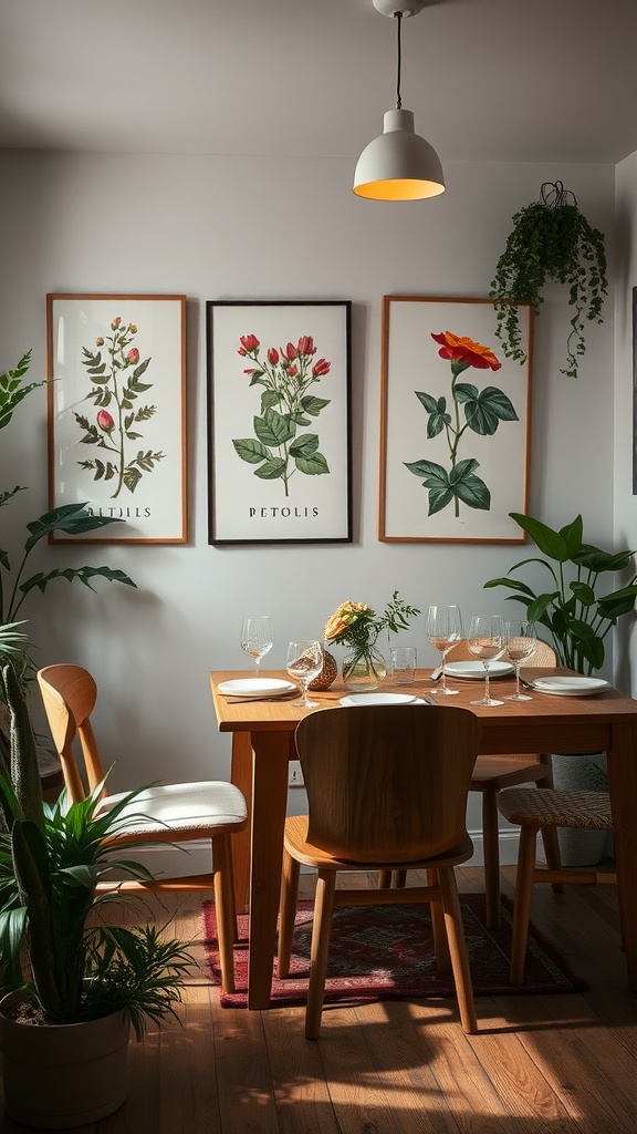 A cozy dining room with botanical prints on the walls, featuring a wooden table and chairs surrounded by plants.
