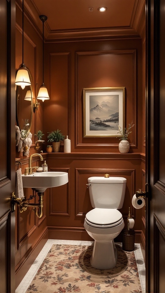 A cozy brown bathroom featuring rich tones, white fixtures, and natural elements.