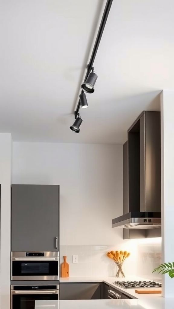 Modern kitchen with contemporary track lighting featuring three adjustable lights