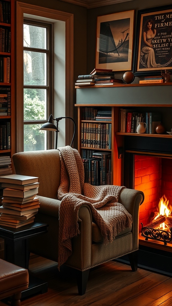A cozy reading nook with an armchair, a warm fireplace, and bookshelves filled with books.