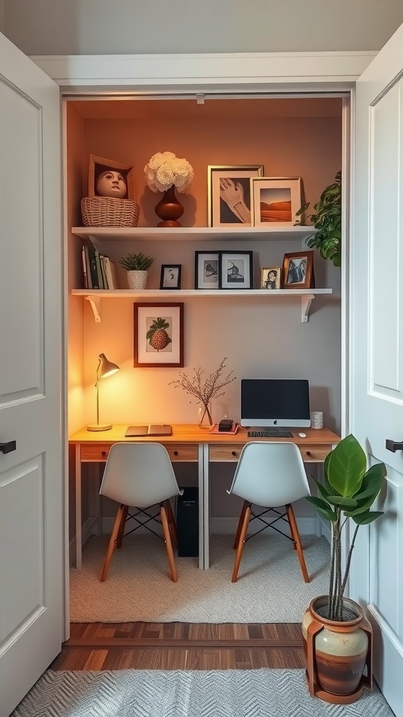 Double desk layout in a closet with decorative shelves and plants.