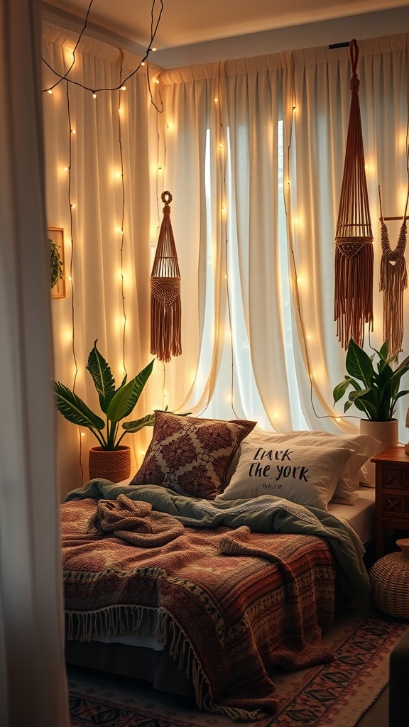 Cozy bohemian bedroom with fairy lights and draped curtains