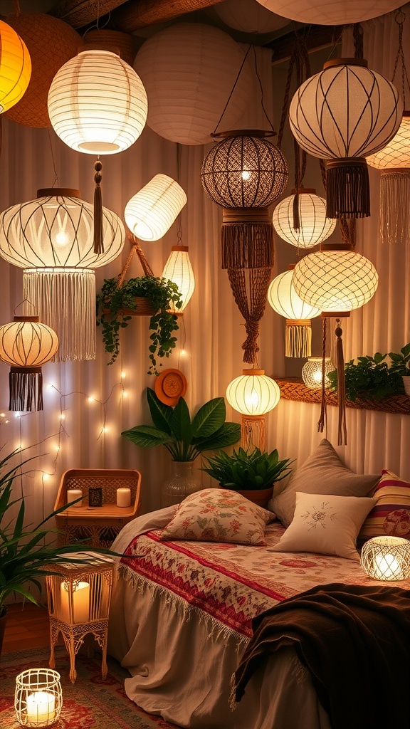 Cozy bedroom featuring various paper lanterns hanging from the ceiling, with a bed adorned with soft textiles and greenery.