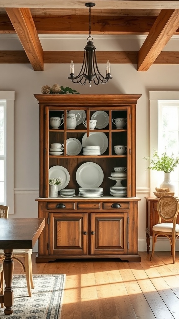 A wooden farmhouse china cabinet filled with white dishware in a cozy dining room.