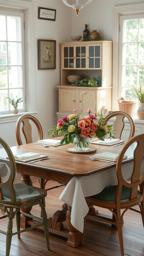 A cozy dining room featuring a wooden table with a vibrant flower arrangement in the center.