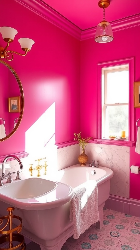 A vibrant fuchsia bathroom featuring a classic bathtub, brass fixtures, and natural light.