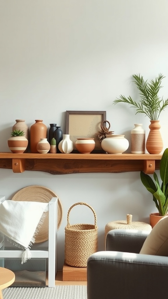 A modern farmhouse living room featuring a wooden shelf with an array of handmade pottery and ceramics in various shapes and colors.