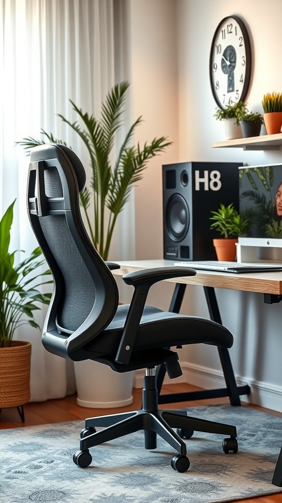 An ergonomic desk chair in a cozy workspace, surrounded by plants and modern decor.