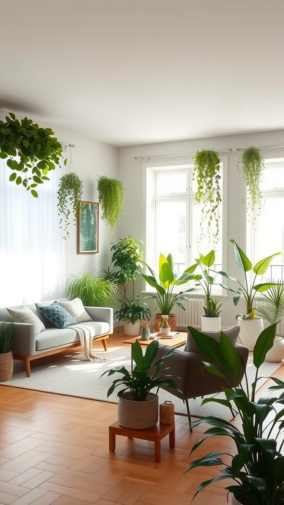 A stylish living room-dining room combo featuring various houseplants, including hanging and potted plants, with a cozy seating area.