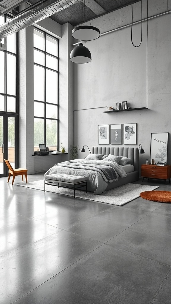 Modern industrial bedroom featuring concrete flooring, large windows, and minimalist decor.