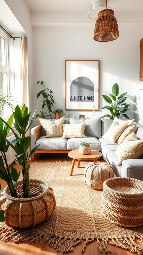 Cozy living room with jute rug and baskets, showcasing a Boho decor style.