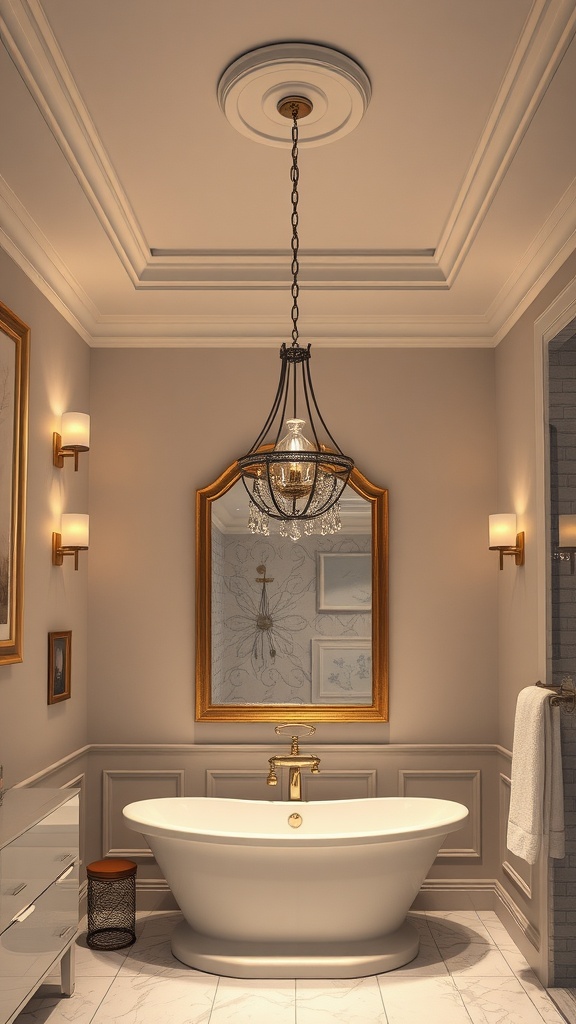 A beautifully styled bathroom with layered lighting, featuring a chandelier, wall sconces, and a large mirror.