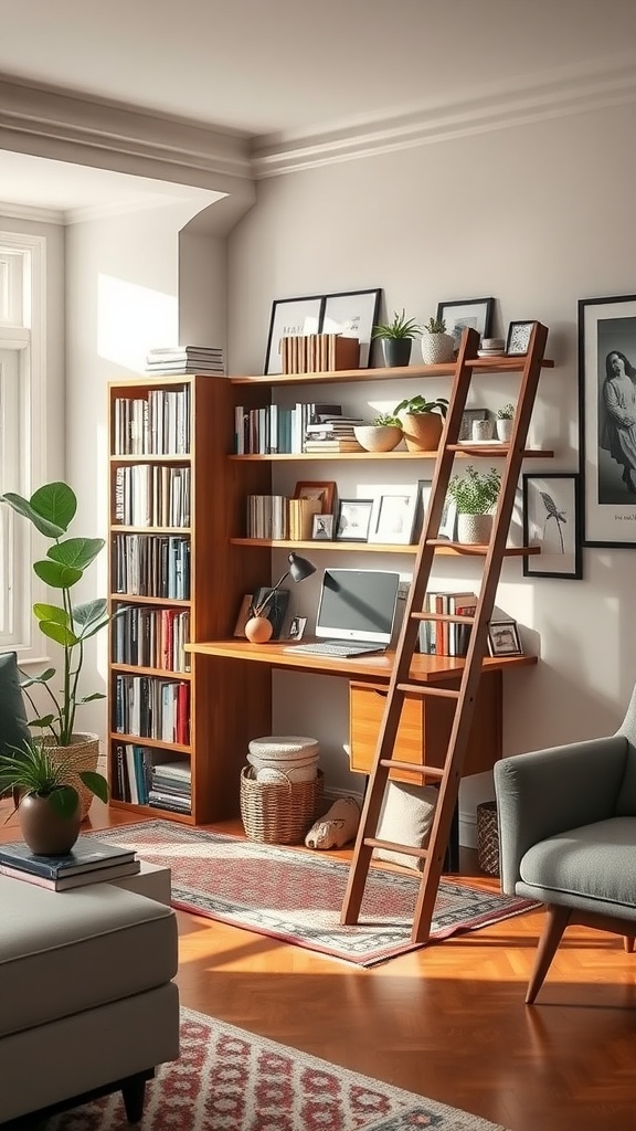 A cozy home office nook featuring a library ladder desk with bookshelves, a computer, and plants.