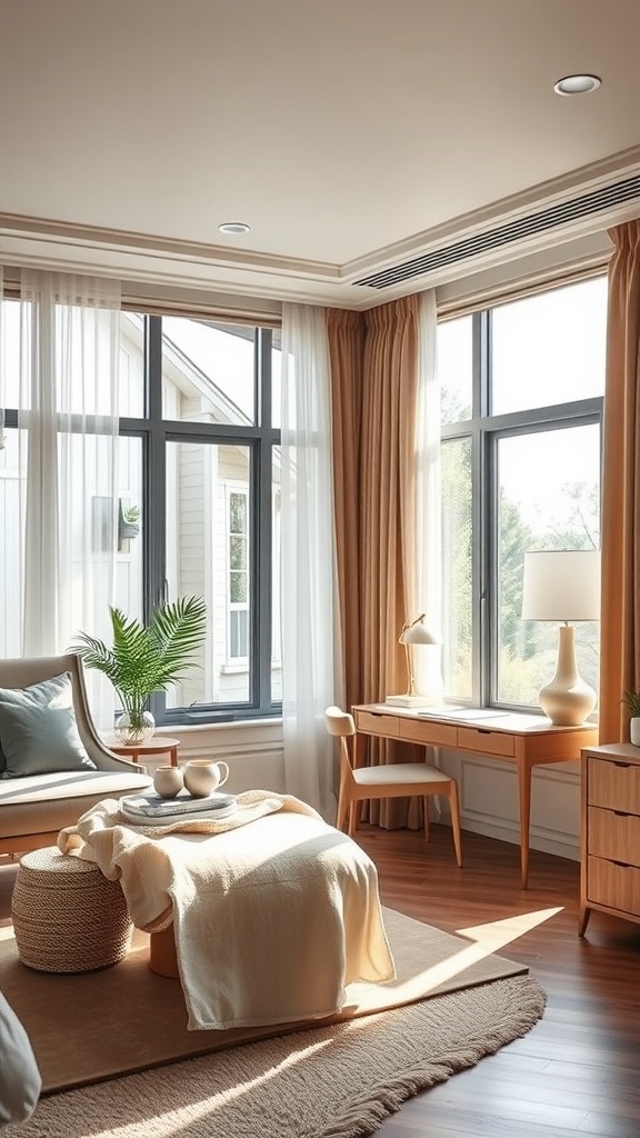 Bright guest bedroom and home office combo with large windows and natural light.