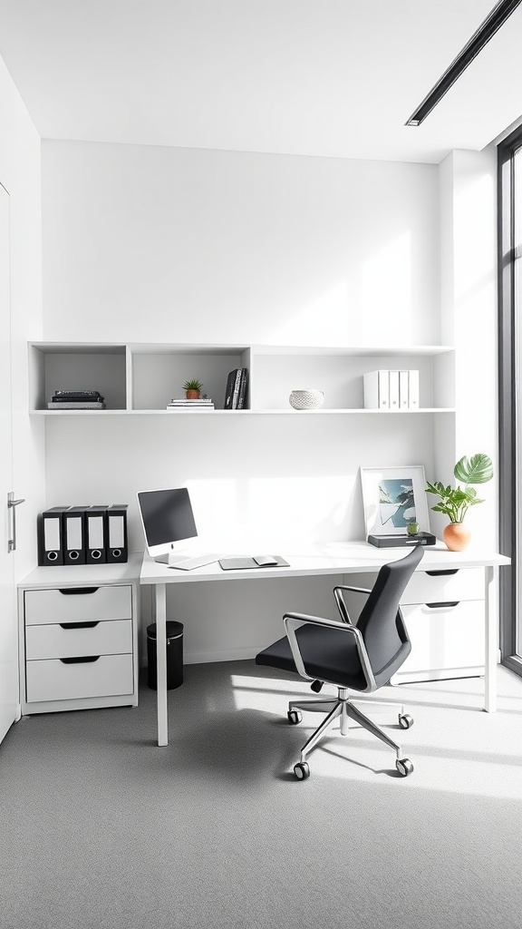 Modern office space featuring a white desk, office chair, and shelving with minimal decor.